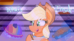 Size: 1920x1080 | Tagged: safe, artist:lynchristina, applejack, earth pony, pony, g4, cover art, female, food, heart eyes, open mouth, pie, solo, wingding eyes