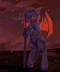Size: 913x1100 | Tagged: safe, artist:utauyan, oc, oc only, oc:dawn sentry, bat pony, pony, animated, armor, bat pony oc, bat wings, bipedal, bipedal leaning, blinking, female, leaning, mare, solo, spread wings, sword, weapon, wings, ych result