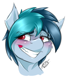 Size: 1868x2156 | Tagged: safe, artist:drizziedoodles, oc, oc only, oc:delta vee, pony, bedroom eyes, blushing, bust, cute, cute little fangs, fangs, grin, portrait, simple background, smiling, smirk, solo, white background