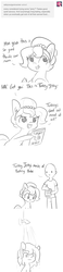 Size: 660x2839 | Tagged: safe, artist:tjpones, pinkie pie, oc, oc only, oc:brownie bun, oc:richard, earth pony, human, pony, horse wife, brownie bun without her pearls, comic, female, grayscale, innocent, mare, monochrome, pinkamena diane pie, ponies eating meat, shower, shower of angst, simple background, thousand yard stare, tumblr, white background