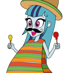 Size: 1201x1270 | Tagged: safe, artist:eagc7, sonata dusk, equestria girls, g4, clothes, fake moustache, female, happy, loose hair, mexico, poncho, simple background, solo, sombrero, transparent background