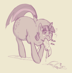 Size: 603x611 | Tagged: safe, artist:shrabby, twilight sparkle, pony, unicorn, g4, bibliovore, book, butt, eating, female, huge butt, impossibly large butt, large butt, mind control, plot, solo, swirly eyes, unicorn twilight