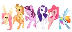 Size: 900x404 | Tagged: safe, artist:klindiqiemomo, angel bunny, applejack, fluttershy, pinkie pie, rainbow dash, rarity, twilight sparkle, alicorn, earth pony, pegasus, pony, unicorn, g4, cowboy hat, cute, female, hat, looking at you, mane six, mare, pixiv, raised hoof, simple background, spread wings, tongue out, twilight sparkle (alicorn), white background, wings