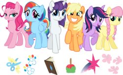 Size: 1022x628 | Tagged: safe, artist:dubsteppegasister, applejack, fluttershy, pinkie pie, rainbow dash, rarity, twilight sparkle, earth pony, pegasus, pony, unicorn, g4, alternate cutie mark, alternate design, alternate hairstyle, alternate universe, cutie mark, earth pony fluttershy, female, mane six, mare, race swap, simple background, transparent background