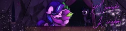 Size: 2000x500 | Tagged: safe, artist:xxmarkingxx, spike, starlight glimmer, twilight sparkle, alicorn, dragon, pony, unicorn, g4, approved, balcony, castle, cute, eyes closed, female, good end, hug, interspecies, kissing, male, mare, ship:sparlight, shipper on deck, shipping, straight, twilight sparkle (alicorn), twilight's castle