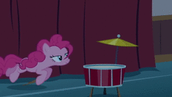 Size: 1280x720 | Tagged: safe, screencap, pinkie pie, earth pony, pony, baby cakes, animated, ba dum tss, blinking, drum kit, drums, female, grin, hoof hold, looking at you, mare, musical instrument, pinkie being pinkie, rimshot, sitting, smiling, solo, sound, squee, webm