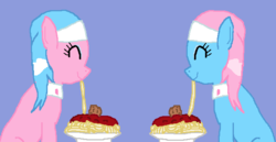 Size: 655x339 | Tagged: safe, artist:nyperold, aloe, lotus blossom, g4, eating, food, ms paint, pasta, pun, simple background, smiling, spaghetti, visual pun