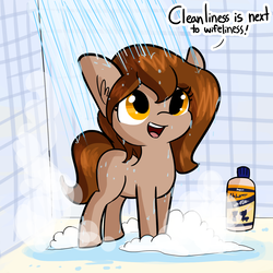 Size: 1650x1650 | Tagged: safe, artist:tjpones, oc, oc only, oc:brownie bun, earth pony, pony, horse wife, brownie bun without her pearls, clean, cleanliness is next to godliness, cute, dialogue, ear fluff, female, loose hair, mane 'n tail, mare, product placement, shampoo, shower, soap, soap suds, solo, tjpones is trying to murder us, water, wet mane