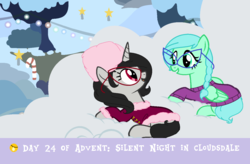 Size: 1344x884 | Tagged: safe, artist:obeliskgirljohanny, oc, oc only, oc:seraphim cyanne, oc:turtledove, pegasus, pony, unicorn, advent calendar, base used, clothes, cloud, cloudsdale, female, from above, glasses, hearthwarmingeve, lights, looking at each other, mare