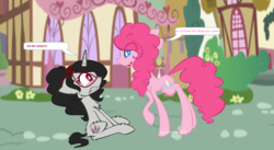 Size: 2521x1385 | Tagged: safe, artist:obeliskgirljohanny, pinkie pie, oc, oc:seraphim cyanne, g4, base used, collaboration, eardroped, gritted teeth, looking at each other, ponyville, shocked, speech bubble, surprised, wide eyes