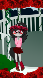 Size: 460x820 | Tagged: safe, artist:obeliskgirljohanny, oc, oc only, oc:seraphim cyanne, anthro, unguligrade anthro, blushing, clothes, floral head wreath, flower, gazebo, looking at you, rose