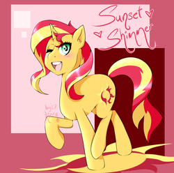 Size: 2163x2147 | Tagged: safe, artist:pharaohkieru, sunset shimmer, pony, unicorn, g4, abstract background, cute, female, high res, one eye closed, open mouth, shimmerbetes, simple background, solo, wink