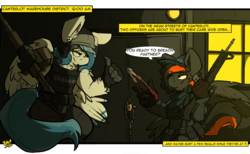Size: 2417x1485 | Tagged: safe, artist:bbsartboutique, oc, oc only, oc:crafted sky, oc:delta dart, hippogriff, ar-15, body armor, dialogue, gun, hat, helmet, neck feathers, tactical squad, tacticool, talons, weapon