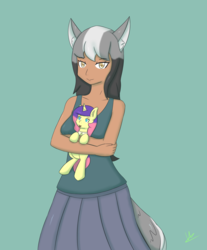 Size: 3305x4001 | Tagged: safe, artist:wolfy-pony, oc, oc only, human, pony, clothes, female, high res, looking at you, mare, non-mlp oc, pleated skirt, simple background, skirt, smiling