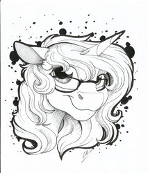 Size: 1024x1204 | Tagged: safe, artist:lupiarts, oc, oc only, pony, unicorn, bust, glasses, horn, lineart, monochrome, smiling, solo, unicorn oc