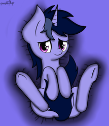 Size: 1063x1237 | Tagged: safe, artist:php142, oc, oc only, oc:purple flix, pony, unicorn, bed, cute, looking at you, lying, lying down, male, on back, raised leg, solo, spread legs, spreading, tail