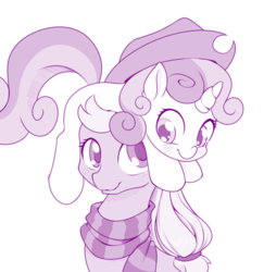 Size: 1000x1030 | Tagged: safe, artist:dstears, part of a set, applejack, sweetie belle, earth pony, pony, unicorn, g4, clothes, cowboy hat, cute, diasweetes, duo, female, filly, hat, mare, monochrome, ponies riding ponies, pony hat, purple, riding, scarf, simple background, sweetie belle riding applejack, sweetiehat, white background