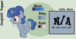 Size: 1227x625 | Tagged: safe, artist:ipandacakes, oc, oc only, oc:confetti popper, pony, unicorn, colt, male, offspring, parent:party favor, parent:sugar belle, parents:partybelle, reference sheet, solo