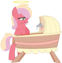 Size: 979x989 | Tagged: safe, artist:ipandacakes, oc, oc only, oc:gala blossom, earth pony, ghost, pony, crib, female, halo, mare, simple background, solo, transparent background