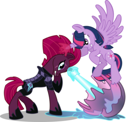 Size: 2800x2721 | Tagged: safe, artist:seahawk270, tempest shadow, twilight sparkle, alicorn, pony, unicorn, my little pony: the movie, duo, female, fight, gritted teeth, guardians of harmony, magic blast, simple background, toy, toy interpretation, transparent background, twilight sparkle (alicorn)