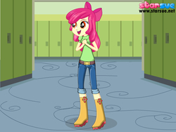 Size: 800x600 | Tagged: safe, artist:user15432, apple bloom, human, equestria girls, g4, boots, bow, clothes, cute face, dressup, hasbro, hasbro studios, jeans, pants, shirt, shoes, solo, starsue