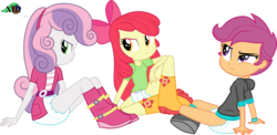 Size: 3221x1569 | Tagged: safe, artist:cloudy glow, artist:mlpcutepic, edit, apple bloom, scootaloo, sweetie belle, human, equestria girls, g4, my little pony equestria girls: rainbow rocks, .ai available, apple bloom's bow, belt, boots, bow, clothes, cutie mark crusaders, denim, diaper, diaper edit, diaper fetish, female, fetish, hair bow, hoodie, looking back, non-baby in diaper, pants, shirt, shoes, shorts, simple background, sitting, skirt, story in the source, sweater, trio, vector