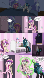 Size: 3000x5300 | Tagged: safe, artist:skitter, princess cadance, princess flurry heart, queen chrysalis, shining armor, whammy, alicorn, changeling, changeling queen, pony, unicorn, comic:change of heart (skitter), g4, bed, bipedal, bipedal leaning, bugbutt, butt, carrying, caught, changelings doing changeling things, chrysalass, comic, confused, crib, crib mobile, cropped, duo, eye contact, fear, female, flying, frown, gag, glare, holding a pony, kidnapped, leaning, levitation, lidded eyes, looking at each other, magic, magic suppression, magical bondage, mare, missing accessory, open mouth, plot, question mark, raised hoof, shocked, sleeping, speech bubble, spread wings, surprised, teddy bear, telekinesis, tired, underhoof, unshorn fetlocks, wide eyes, wings