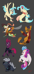 Size: 595x1304 | Tagged: safe, artist:joliecarbone, capper dapperpaws, captain celaeno, grubber, princess skystar, queen novo, tempest shadow, abyssinian, cat, classical hippogriff, hippogriff, seapony (g4), unicorn, anthro, digitigrade anthro, g4, my little pony: the movie, amputee, angry, armor, broken horn, chest fluff, cutlass, eye scar, female, gray background, happy, hat, horn, male, mare, peg leg, pirate hat, prosthetic leg, prosthetic limb, prosthetics, scar, simple background, spread wings, stupid sexy capper, sword, weapon, wings