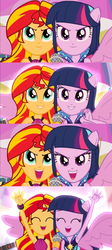 Size: 1360x3040 | Tagged: safe, screencap, sunset shimmer, twilight sparkle, equestria girls, g4, my little pony equestria girls: rainbow rocks, :d, >:), >:d, armpits, cute, evil grin, eyes closed, glowing, grin, happiness, happy, ponied up, pure unfiltered good, raised arm, shimmerbetes, smiling, smirk, spread wings, twiabetes, welcome to the show, wings