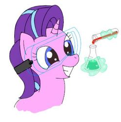 Size: 335x338 | Tagged: safe, artist:earthenhoof, starlight glimmer, pony, unicorn, g4, aggie.io, bust, chemicals, erlenmeyer flask, female, flask, magic, portrait, safety goggles, science, smiling, solo, test tube