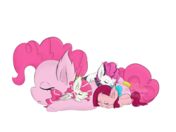 Size: 1024x768 | Tagged: safe, artist:twinklestardream, pinkie pie, oc, oc:bubblegum, oc:cherry pancake, oc:fionna frosting, earth pony, pegasus, pony, g4, drool, female, filly, half-siblings, interspecies offspring, magical lesbian spawn, offspring, parent:cheese sandwich, parent:discord, parent:fluttershy, parent:pinkie pie, parents:cheesepie, parents:discopie, parents:flutterpie, simple background, sleeping, transparent background, watermark