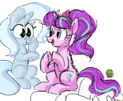 Size: 314x257 | Tagged: safe, artist:hattsy, starlight glimmer, trixie, pony, unicorn, g4, chatting, duo, female, flockmod, hairpin, mare, sitting
