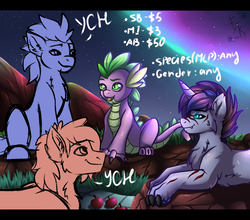 Size: 2500x2200 | Tagged: safe, artist:fkk, spike, oc, oc:anthonystone, dragon, hybrid, pony, unicorn, g4, auction, canon x oc, commission, high res, male, night, picnic, stallion, your character here