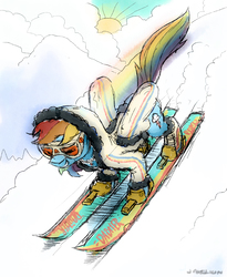 Size: 900x1100 | Tagged: safe, artist:docwario, rainbow dash, pony, g4, boots, clothes, cloud, female, goggles, hood, jacket, mountain, shoes, skiing, skis, snow, snow goggles, solo, sun, winter