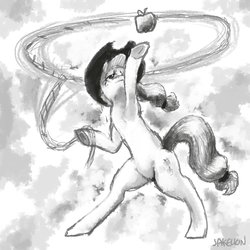 Size: 1280x1280 | Tagged: safe, artist:docwario, applejack, earth pony, pony, g4, apple, cowboy hat, female, food, grayscale, hat, lasso, looking up, mare, monochrome, rope, solo