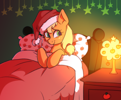 Size: 1280x1066 | Tagged: safe, artist:jellynut, applejack, earth pony, pony, g4, apple, bed, christmas, cute, female, hat, holiday, jackabetes, lamp, mare, santa hat, smiling, solo, stars, that pony sure does love apples
