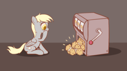 Size: 1800x1000 | Tagged: safe, artist:re7natus, derpy hooves, pegasus, pony, g4, cute, derpabetes, eyes on the prize, female, food, gray background, jackpot, mare, muffin, shocked, simple background, sitting, slot machine, solo, wide eyes