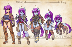 Size: 1600x1035 | Tagged: safe, artist:shepherd0821, oc, oc only, earth pony, human, anthro, semi-anthro, unguligrade anthro, anthro chart, anthro oc, breasts, clothes, crossover, dead space, female, humanized, humanized oc, looking at you, mare, raised hoof, suit, sword, weapon