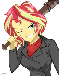 Size: 1123x1440 | Tagged: safe, artist:ngrycritic, sunset shimmer, equestria girls, g4, amc, baseball bat, crossover, evil grin, female, grin, negan, one eye closed, simple background, smiling, solo, style emulation, the walking dead, white background, wink