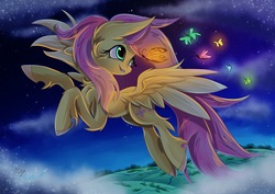 Size: 3444x2435 | Tagged: safe, artist:alexbluebird, fluttershy, butterfly, pony, g4, female, flying, high res, looking back, mare, night, smiling, solo, starry night, stars