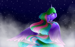 Size: 2400x1500 | Tagged: safe, artist:evakulisreal, princess celestia, alicorn, pony, g4, female, fog, looking up, mare, purplelestia, solo, stars