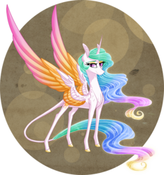 Size: 2247x2400 | Tagged: safe, artist:australian-senior, princess celestia, alicorn, pony, kirindos, g4, abstract background, alternate design, alternate universe, colored hooves, colored wings, ethereal mane, female, gradient wings, high res, leonine tail, looking at you, mare, multicolored wings, realistic horse legs, smiling, solo, standing