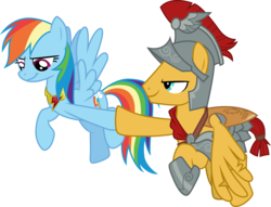 Size: 3933x3000 | Tagged: safe, artist:cloudy glow, flash magnus, rainbow dash, pegasus, pony, g4, shadow play, duo, element of loyalty, female, flying, helmet, high res, hoofbump, male, mare, netitus, shield, simple background, smiling, stallion, transparent background, vector