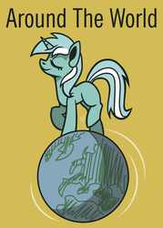 Size: 2953x4134 | Tagged: safe, artist:ami-gami, lyra heartstrings, pony, unicorn, g4, africa, around the world, asia, daft punk, earth, europe, eyes closed, female, macro, mega lyra, missing cutie mark, planet, pony bigger than a planet, poster, simple background, smiling, solo, song reference, trotting, yellow background