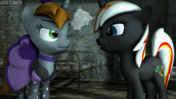 Size: 3840x2160 | Tagged: safe, artist:goatcanon, oc, oc:littlepip, oc:velvet remedy, pony, unicorn, fallout equestria, 3d, clothes, crossover, cute, dress, duo, fallout, fanfic, fanfic art, female, gmod, high res, horn, mare, open mouth, puffy sleeves, saloon dress, source filmmaker, teeth, tomboy taming, unamused