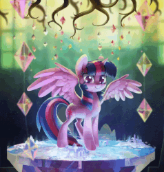 Size: 760x800 | Tagged: safe, artist:dawnfire, artist:imiokun, twilight sparkle, alicorn, pony, g4, absurd file size, absurd gif size, animated, blinking, blue mane, blue tail, chandelier, cinemagraph, colored pupils, cute, cutie map, cutie mark, depth of field, eye shimmer, eyelashes, female, gif, golden oaks chandelier, horn, indoors, long mane, long tail, looking at you, map, mare, multicolored mane, multicolored tail, pink mane, pink tail, purple mane, purple tail, smiling, solo, sparkles, spread wings, standing, table, tail, tree of memories, twiabetes, twilight sparkle (alicorn), twilight's castle, window, wings