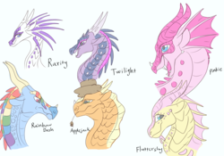 Size: 5400x3780 | Tagged: safe, artist:aprilsilverwolf, applejack, fluttershy, pinkie pie, rainbow dash, rarity, twilight sparkle, alicorn, dragon, pony, g4, crossover, dragonified, dragonjack, flutterdragon, icewing, nightwing (species), pinkiedragon, rainbow dragon, rainwing, raridragon, sandwing, seawing, species swap, twilidragon, twilight sparkle (alicorn), wings of fire (book series)