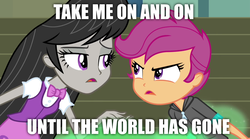 Size: 1280x714 | Tagged: safe, edit, edited screencap, screencap, octavia melody, scootaloo, equestria girls, g4, my little pony equestria girls: rainbow rocks, electric light orchestra, image macro, lyrics, meme, song reference, take me on and on