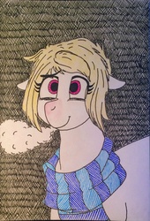 Size: 1904x2805 | Tagged: safe, artist:thrashman, oc, oc only, oc:cherry blossom, earth pony, pony, clothes, colored pencil drawing, crosshatch, floppy ears, recolor, scarf, smiling, trace, traditional art