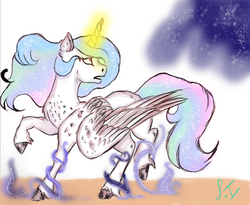 Size: 694x570 | Tagged: safe, artist:lady-icy, princess celestia, alicorn, pony, g4, female, magic, offscreen character, solo